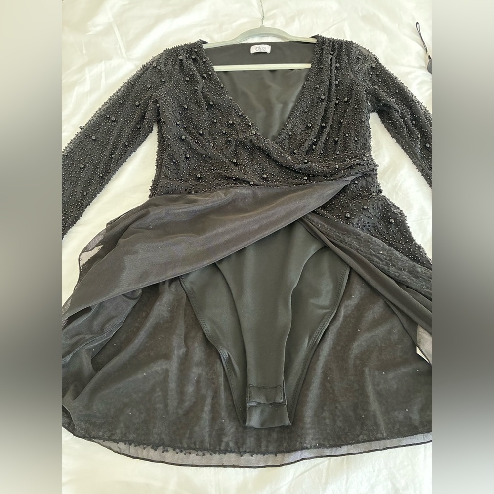 Oh Polly Chelsea Embellished Wrap Over A-Line Mini Dress – Black - Picture 7 of 10